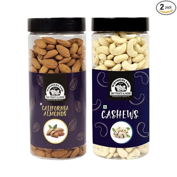 WONDERLAND FOODS California Almonds (NP) & Cashews W320 (Mangalore Quality) | 1Kg (500g X 2) Delicious & Nutritious