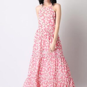 Pink Floral Halter Back Tie Maxi Dress