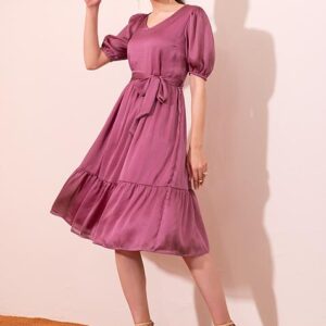 Pink Ruffled Midi Dress With Tie Up Belt
