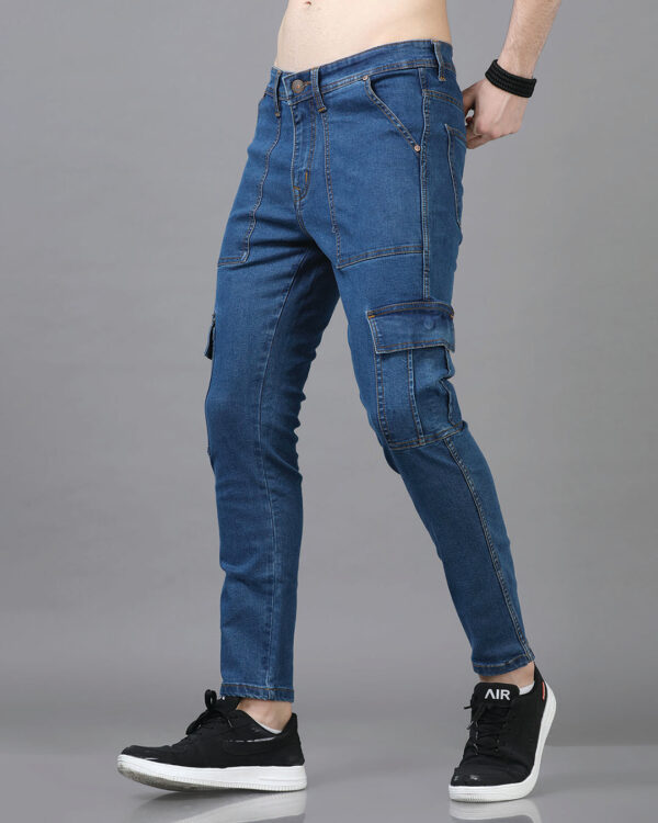 Men's Mid Blue Slim Fit Cargo Jeans