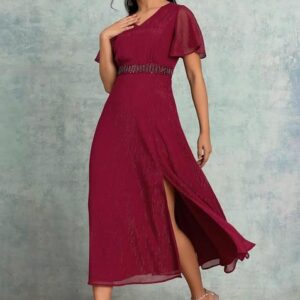 Maroon Embellished Waist Maxi Dress