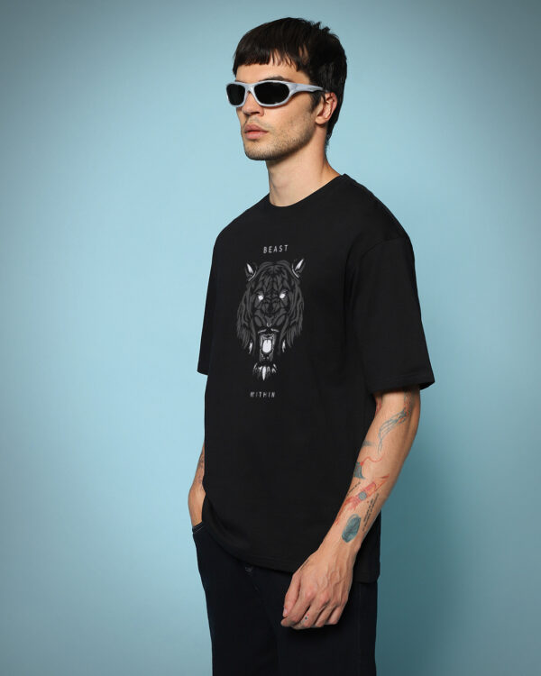 Men's Black Beast Within Graphic Printed Oversized T-shirt